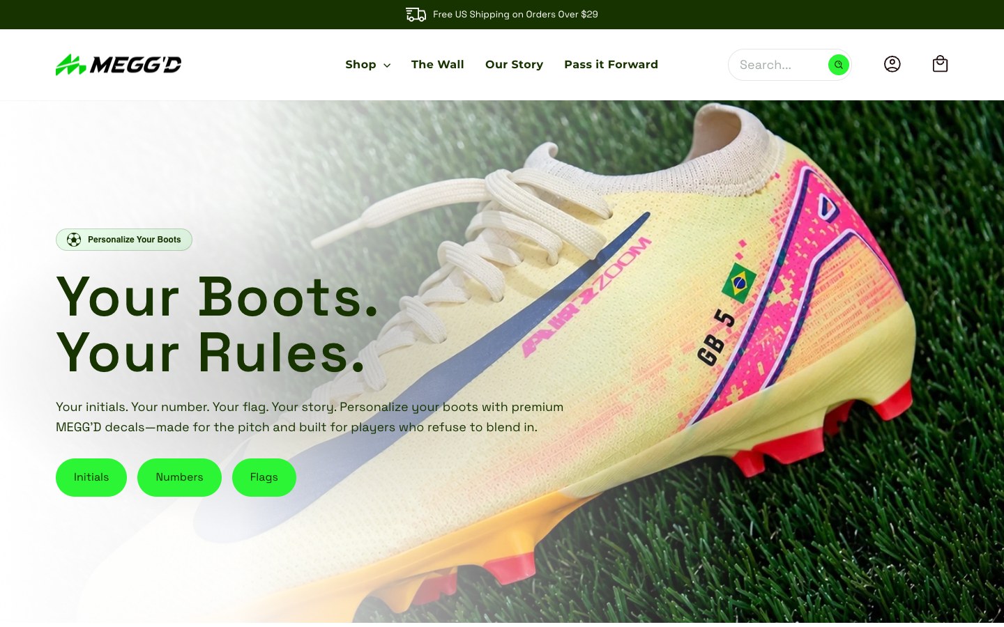 MEGG'D custom soccer-boot decal storefront screenshot