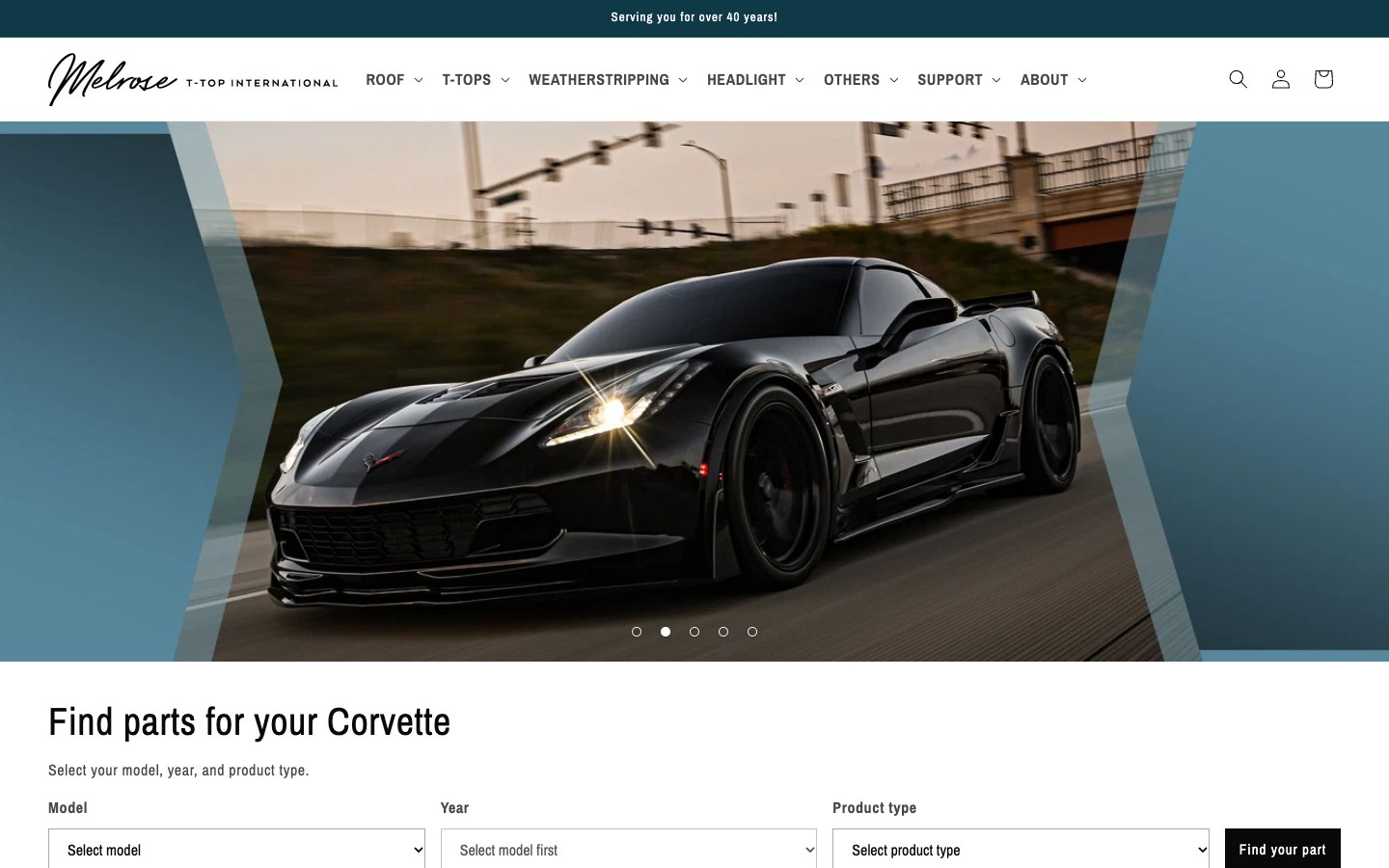 Melrose T-Top International Corvette parts storefront screenshot