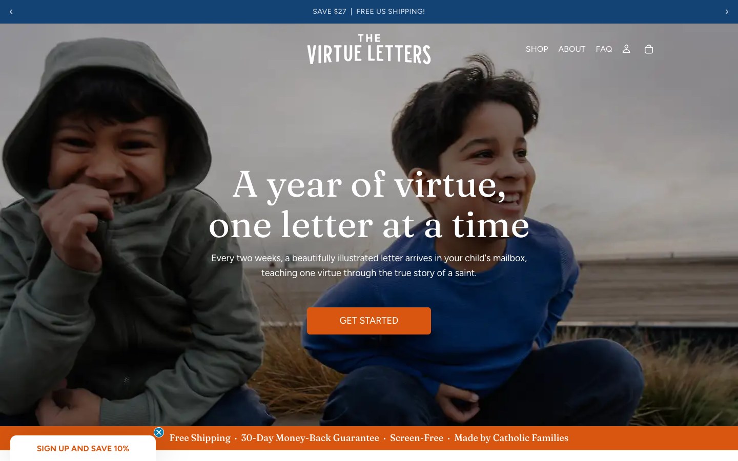 The Virtue Letters subscription storefront homepage screenshot